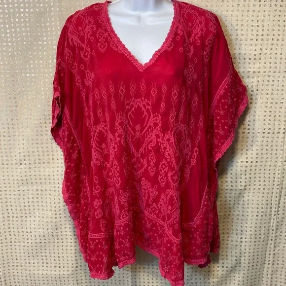 Johnny Was Oversized Boho Embroidered Eyelet Top Fuchsia Pink - Picture 1 of 9